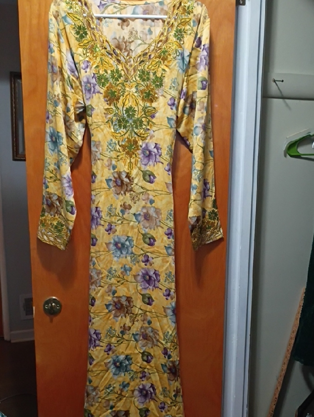Mustard Floral Embroidered Long-Sleeve Maxi Dress